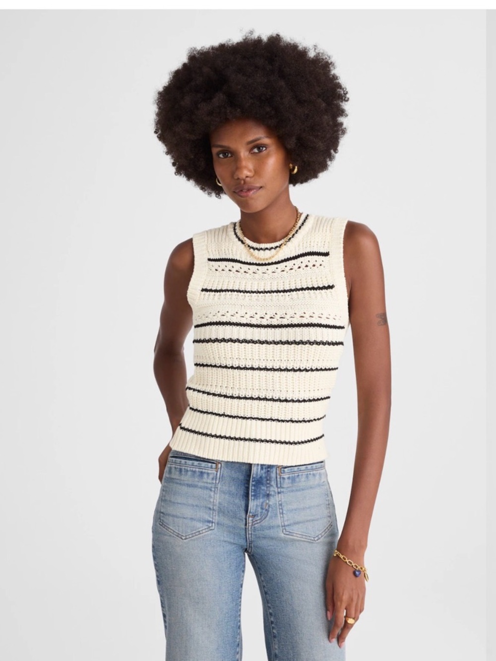 Madewell Cream and Black Striped sleeveless Cotton sweater